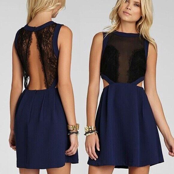 NWT BCBGeneration‎ Women's Size 6 Blue Lace Inset Cutout Mini Dress - Picture 1 of 7